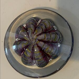 Large Purples and greens artisan domed Glass Paperweight signed